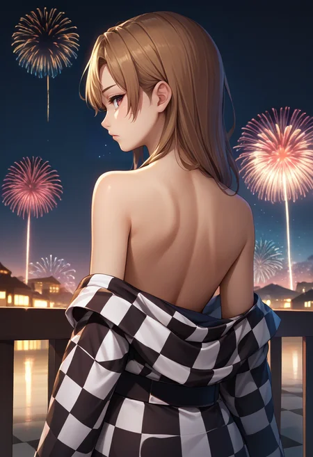 score_9, score_8_up, score_7_up, source_anime, from behind, solo, 1girl, kiryu moeka, expressionless, looking back, checkered clothes, checkered kimono, off shoulder, bare shoulders, fireworks <lora:steinsgate_kiryu_ponyXL:1>
