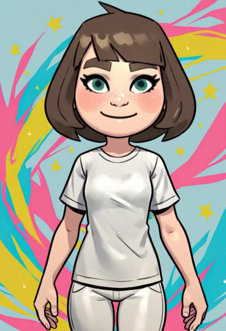 score_9, score_8_up, score_7_up, rating_safe,
rainbow style, vibrant colors, vivid colors,
small nose, blush, white pants, smile, white skin, green-ish brown hair, sneakers, green eyes, female mii, fringe, mii, cute, brown eyebrows, long hair, small breasts, wii u, 1girl, white clothing, Millie_(\Wii_Sports_Club\)