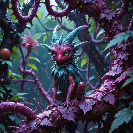 creature focus, hyper-realistic, photo-realistic, very aesthetic, phenomenal and otherworldly scenery on a distant planet, extremely detailed, ultra high resolution, award-winning macro photo, short depth of field, hyper realistic, ultra high definition, dim lighting, twilight, bioluminescence, subsurface scattering, the diminutive "shady myncbold" is a feathered creature that inhabits the dense, spiraling winklethickets of the phenomenal world "aeldaberry vi." its vibrant, tri-colored plumage features microscopic crystals that catch the planets teal-hued sunlight, creating a dazzling, prismatic display. the creatures are known for their habit of quizzleplomping as they drink from the pyrammled dripping  nectar globules of the ethereal blinkflowers. the biome itself is a lush, chaotic sprawl of coiling vegetation that twists and loops in gravity-defying spirals, dappled lighting, golden ratio, the color palette is predominantly plum purple and anthrazit grey and bordeaux red and sea green, style of talbot hughes, <lora:style-talbot_hughes-flux-by_tangbohu:0.72> <lora:image_upgrade-flux-by_zeronwo7829:0.6>