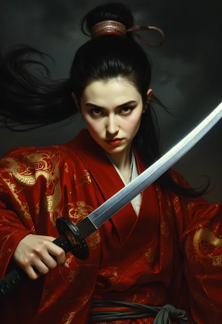 oil painting, art of jean leon gerome, A beautiful young samurai woman, her dark hair tied back into a high ponytail, leaving her face exposed. She wears a deep red kimono, intricately embroidered with golden dragons, and her katana rests unsheathed in front of her, its blade glinting under the moonlight. Her dark, almond-shaped eyes are intense, filled with quiet fury as she gazes forward, prepared for battle. bokeh, masterpiece, high quality, film grain, hyper detailed <lora:flux_realism_lora:0.7> <lora:fluxenhancer:0.2> <lora:Aura_Flux:0.3> <lora:Dever_Flux_Enhancer:.5>  <lora:Orientalism-000005:0.7>