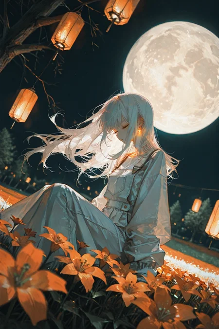 masterpiece,best quality,sitting,lolong hair,1girl,solo,white hair,moon,very long hair,flower,tree,long sleeves,standing,closed eyes,floating hair,bangs,a beautiful girl with long white hair and a white dress,standing in a field of orange flowers,She is surrounded by orange lanterns and birds,and there is a full moon in the background,The overall color scheme is warm and vibrant,with a focus on shades of orange and white,line art,line style,masterpiece,best quality,good structure,Good composition,good atomy,clear,original,beautiful,extreme aesthetic,(quasarcake:0.7),masterpiece,best quality,good quality,newest,year 2024,year 2023,very aesthetic,absurdres,A shot with tension,(Visual impact:1.2),insanely interplay between lights and shadows,(ray tracing),sunlight,reflective,masterful details,intricate details,soothing tones,high contrast,natural skin texture,soft light,sharp,ultra-high resolution,32K UHD,sharp focus,best-quality,masterpiece,Emotionalization,unconventional supreme masterpiece,masterful details,temperate atmosphere,with a high-end texture,in the style of fashion photography,(glowing:1.2),depth of field,blurry background,cast shadow,black theme,dutch angle,photo background,3d background,hyperrealism background,<lora:Nightmare_Katana_IL:0.7>,<lora:ZM_Vis_Dev:0.3>,ZMVisdev,<lora:USNR_STYLE_ILL_V1_lokr3:0.3>,usnr,<lora:96YOTTEA-WAI:0.3>,