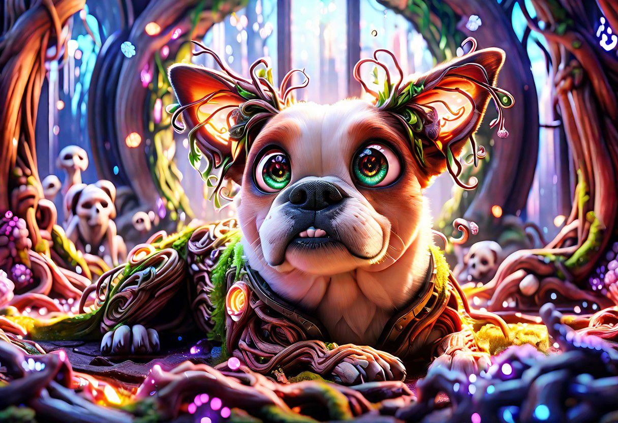 Lovely 3d dogscybernetic style Ultimate fusion of technology and allure, Cosmic Cyber Warrior. Embodying the creative genius of Jovana Rikalo, Brandon Woelfel, and Ross Tran, spectacular cosmic landscapes fraught with otherworldly conflict. Shimmering cables course beneath her translucent epidermis, connecting to powerful vertebrae that support a resplendent skull adorned with cascading neon undercut locks. Mysterious constellations twinkle ominously overhead, casting eerie shadows on the ground below. This masterpiece encapsulates the quintessential essence of science fiction, presenting a highly detailed exploration of extraterrestrial themes guaranteed to captivate audiences worldwide. . futuristic, technological, cybernetic enhancements, robotics, artificial intelligence themes,  8k picsmade of ral-mythfrst <lora:ral-mytfrst:1>