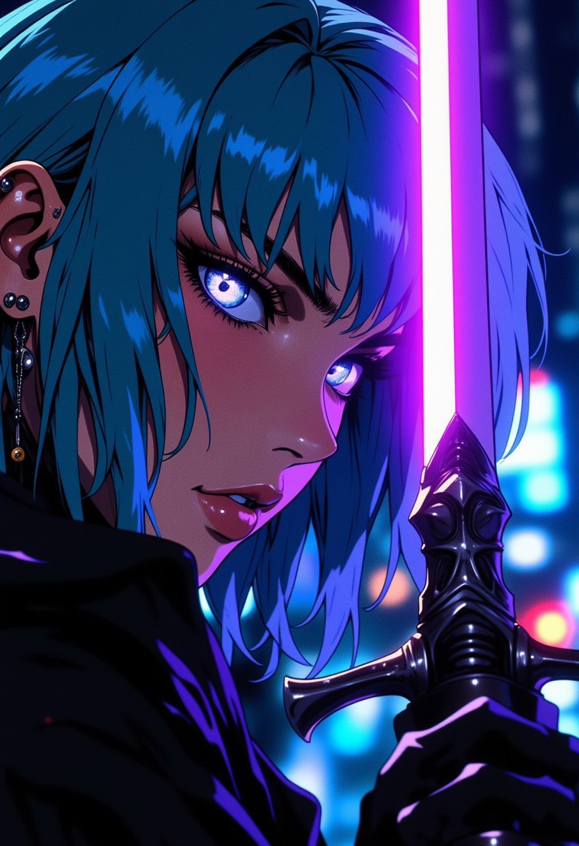 A dramatic close-up of the woman's face, her aqua-blue hair cascading over one side, partially obscuring her sorrowful yet determined expression. The camera angle is slightly tilted upward from her left side, emphasizing the intensity of her sharp features, mirroring the radiant glow of the sci-fi sword in the blurred background. The lighting creates stark shadows and highlights, giving a cinematic contrast that enhances her resolve and the futuristic, emotional atmosphere.
