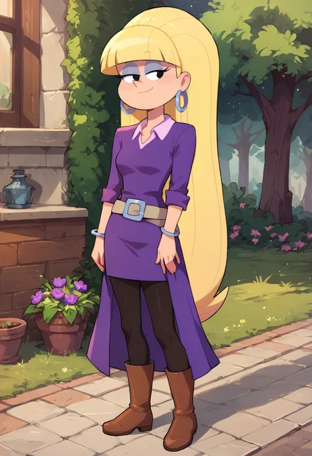 masterpiece,best quality, highly detailed, score_9, score_8_up, score_7_up, score_6_up,<lora:xl_more_art-full_v1:0.8>,
BREAK
<lora:pacificaXL:0.8>pacifica,1girl, solo, blonde hair, earrings, jewelry, hoop earrings, long hair, smile, pantyhose, dress, boots, style parody, blunt bangs,very long hair, bangs, full body,belt, black pantyhose, purple dress, brown footwear