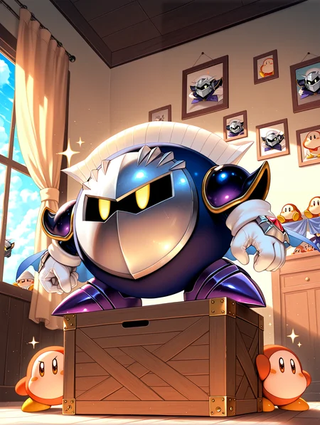 masterpiece, best quality, absurdres, amazing quality <lora:cfg_scale_boost:0.3> <lora:StS-Illustrious-Detail-Slider-v1.0:3> <lora:StS_Age_Slider_Illustrious_v1:3>,detailed_background,indoors,indoors,nintendo,curtains,kirby \(series\),yellow eyes,highres,cape,mask,blue sky,sparkle,meta knight,box,brown eyes,cloud,multiple others,standing on box,waddle dee,window,blue cape,ewaddledee,sky,no mouth,v-shaped eyes,2others