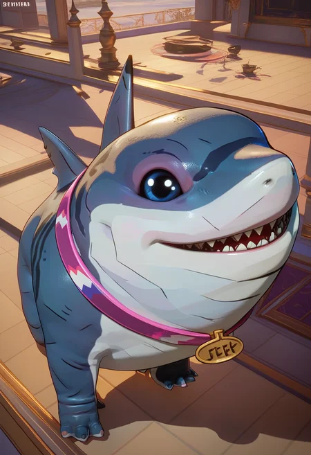 score_9, score_8_up, score_8, solo, masterpiece, best quality, detailed face, full body, jeff the shark, solo, <lora:jeff the shark:1>, from above