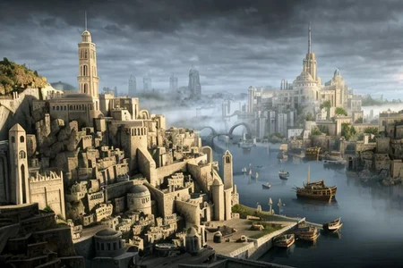 (masterpiece:1.2), (best quality,:1.2), 8k, HDR, ultra detailed, ((photorealistic)), professional light, cinematic lighting, fashion photography, ambient lighting, atmospheric effects, Numenor, a medieval fantasy harbour, some big ships, big statues, towers, walls, fog and rain, at night, <lora:Numenor-10:1>, in the style of Middle Earth, Tolkien, Minas Tirith, epiCPhoto
