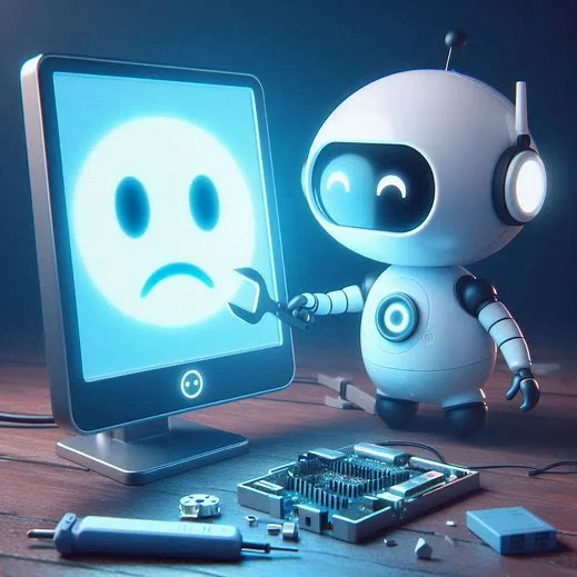digital art, cute little robot with a round white plastic head with a screen for a face and a happy face trying to fix a broken computer screen that has a sad face projected on the screen