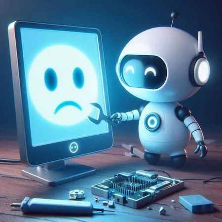 digital art, cute little robot with a round white plastic head with a screen for a face and a happy face trying to fix a broken computer screen that has a sad face projected on the screen
