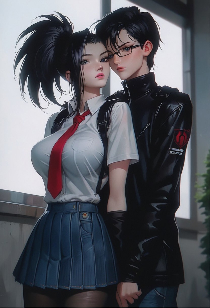 (score_9, score_8_up, score_7_up),  melkor_style,
score_9, score_8_up, score_7_up, score_6_up, score_5_up, score_4_up, source_anime, high detailed, high quality, masterpiece, source_anime, high detailed, high quality, masterpiece, 1 girl, 1 boy, couple, romantic couple, straight, hetero, heterosexual, (1 boy, Peter Parker, black eyes, black hair, hair between eyes, short hair, school uniform, frame glasses, button down shirt, tie, jacket, houdie, open jacket, blue eyes, jeans), (1 girl, yaoyorozu momo, long hair, bangs, black hair, ponytail, black eyes, high ponytail, wide ponytail, pink lips, large breasts, school uniform, button down shirt, pleated skirt, pantyhose), looking at viewer, low angle, background room, cowboy shot, anime screencap, watercolor \(medium\), traditional media, neon.