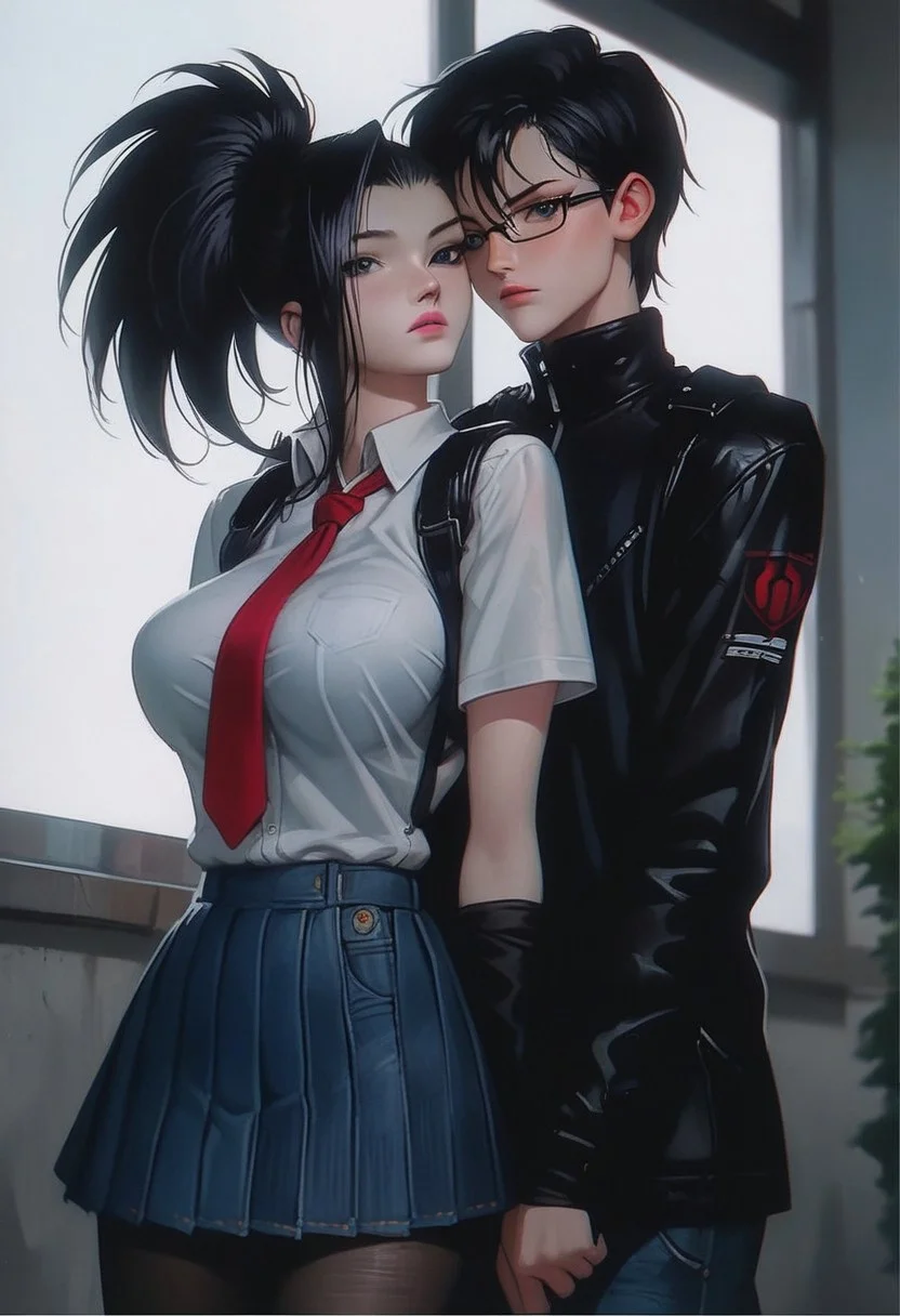 (score_9, score_8_up, score_7_up),  melkor_style,
score_9, score_8_up, score_7_up, score_6_up, score_5_up, score_4_up, source_anime, high detailed, high quality, masterpiece, source_anime, high detailed, high quality, masterpiece, 1 girl, 1 boy, couple, romantic couple, straight, hetero, heterosexual, (1 boy, Peter Parker, black eyes, black hair, hair between eyes, short hair, school uniform, frame glasses, button down shirt, tie, jacket, houdie, open jacket, blue eyes, jeans), (1 girl, yaoyorozu momo, long hair, bangs, black hair, ponytail, black eyes, high ponytail, wide ponytail, pink lips, large breasts, school uniform, button down shirt, pleated skirt, pantyhose), looking at viewer, low angle, background room, cowboy shot, anime screencap, watercolor \(medium\), traditional media, neon.