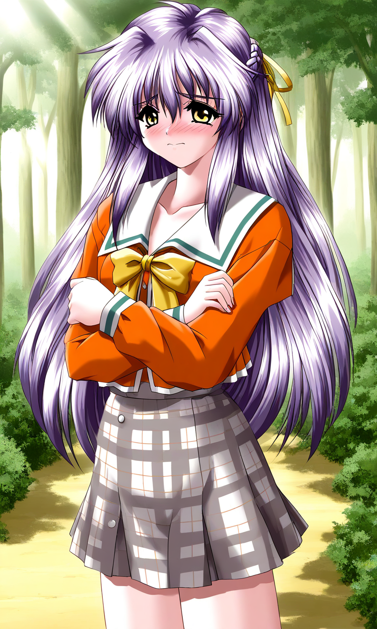 general,highres, ultra-detailed,very aesthetic,best quality ,best hands, BREAK <lora:Nishikujo_Shion_Akumu_AoiKajitsunoSange_IS:1>
Nishikujo_Shion, 1girl, solo, light purple hair, long hair, braid, yellow eyes, hair ribbon, yellow ribbon, small breasts,
orange school uniform, ribbon, white and gray skirt, outdoors, , crossed arms,
embarrassed
plaid skirt, bow, forest, half updo, long sleeves, day, serafuku,