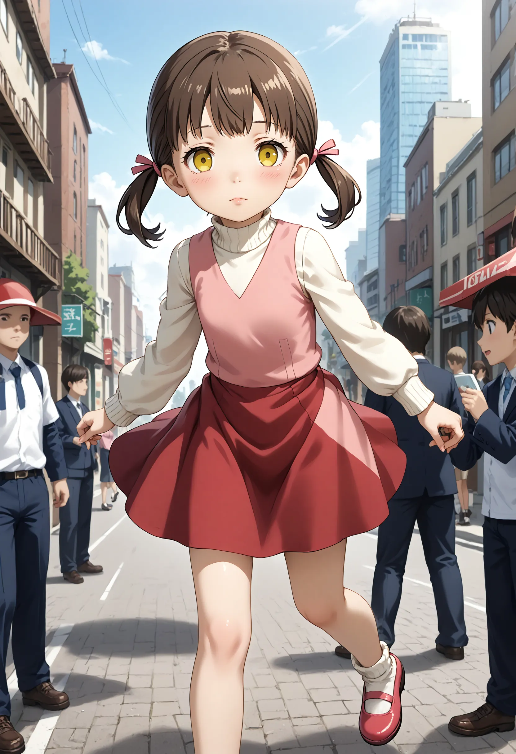 <lora:Hyper-SDXL-8steps-lora:1> <lora:Fixhands_anime_bdsqlsz_V1:1> zPDXL2, score_9, score_8_up, score_7_up, source_anime, intricate details, perfect anatomy BREAK
outdoors, city, tokyo, japan, audience, crowd, levitation, floating, motion blur, sky, in the air, expressionless, 1girl, solo, solo focus, 
<lora:P4-doujima_nanako_XL(pony)v10:1> p4-shadow_nanako, brown hair, low twintail, yellow eyes, empty eyes, p4-nanako outfit, pink dress, white sleeves, red skirt, white socks, red shoes,