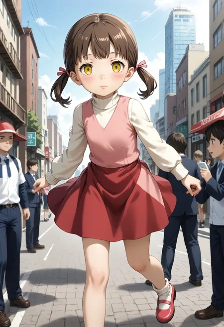 <lora:Hyper-SDXL-8steps-lora:1> <lora:Fixhands_anime_bdsqlsz_V1:1> zPDXL2, score_9, score_8_up, score_7_up, source_anime, intricate details, perfect anatomy BREAK
outdoors, city, tokyo, japan, audience, crowd, levitation, floating, motion blur, sky, in the air, expressionless, 1girl, solo, solo focus, 
<lora:P4-doujima_nanako_XL(pony)v10:1> p4-shadow_nanako, brown hair, low twintail, yellow eyes, empty eyes, p4-nanako outfit, pink dress, white sleeves, red skirt, white socks, red shoes,