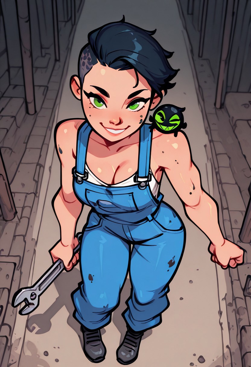bridgetoon, kat_prime, Masterwork, masterpiece, best quality, (very aesthetic:1.2), (absurdres:1.2), newest, BREAK
dutch angle, wide shot, 1girl(green eyes, black hair, shaved sides), holding massive wrench resting on shoulder, loose coveralls, wicked smile, looking at viewer, exposed cleavage, stains on face, stains on clothes, stains on arms and hands, large steel toe work boots, dynamic poses