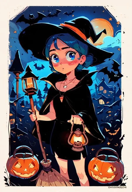 (score_9, score_8_up, score_7_up, score_9, score_8_up, score_7_up, 1girl, cute, big blue eyes, necklace, pretty, blushing, witch costume. witch hat, witch
cloak, witch broom, lantern, torch, halloween, halloween pumpkin, night, volumatic lighting, soft lighting, sfw,