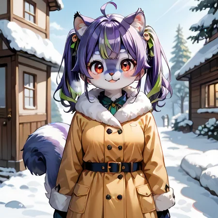 score_9,score_8 up,score_8,score_7 up,source_anime,masterpiece,highest quality,best quality, kawaii, cute, adorable, anthro, feral , furry,squirrel female, solo,outside,standing,cowboy shot, snow,winter, cold breath, Mauveko,purple hair,twintails,green highlights,ahoge,red eyes,
<lora:my_OC_No.01_Mauvekoã¢ã³test:0.6>