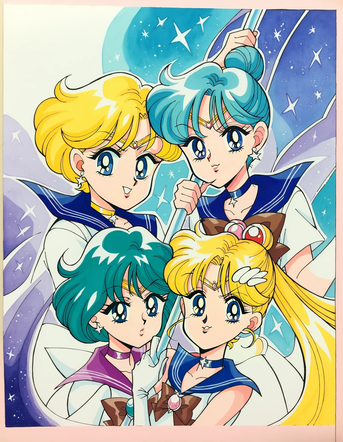 Naoko Takeuchi Style, long hair, looking at viewer, short hair, blue eyes, multiple girls, black hair, gloves, bow, holding, jewelry, purple eyes, weapon, purple hair, white hair, earrings, green hair, choker, elbow gloves, sword, white gloves, sailor collar, hair bun, star , (symbol), holding weapon, 4girls, aqua hair, magical girl, single hair bun, tiara, polearm, blue sailor collar, staff, brooch, yellow bow, half updo, spear, circlet, holding staff, very short hair, holding polearm, sailor senshi uniform, blue choker, brown bow, star choker, purple sailor collar, sailor senshi, star brooch, MangaDetailPnyXL, <lora:NaokoTakeuchyPonyXL:0.8>
