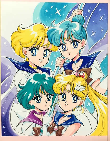 Naoko Takeuchi Style, long hair, looking at viewer, short hair, blue eyes, multiple girls, black hair, gloves, bow, holding, jewelry, purple eyes, weapon, purple hair, white hair, earrings, green hair, choker, elbow gloves, sword, white gloves, sailor collar, hair bun, star , (symbol), holding weapon, 4girls, aqua hair, magical girl, single hair bun, tiara, polearm, blue sailor collar, staff, brooch, yellow bow, half updo, spear, circlet, holding staff, very short hair, holding polearm, sailor senshi uniform, blue choker, brown bow, star choker, purple sailor collar, sailor senshi, star brooch, MangaDetailPnyXL, <lora:NaokoTakeuchyPonyXL:0.8>