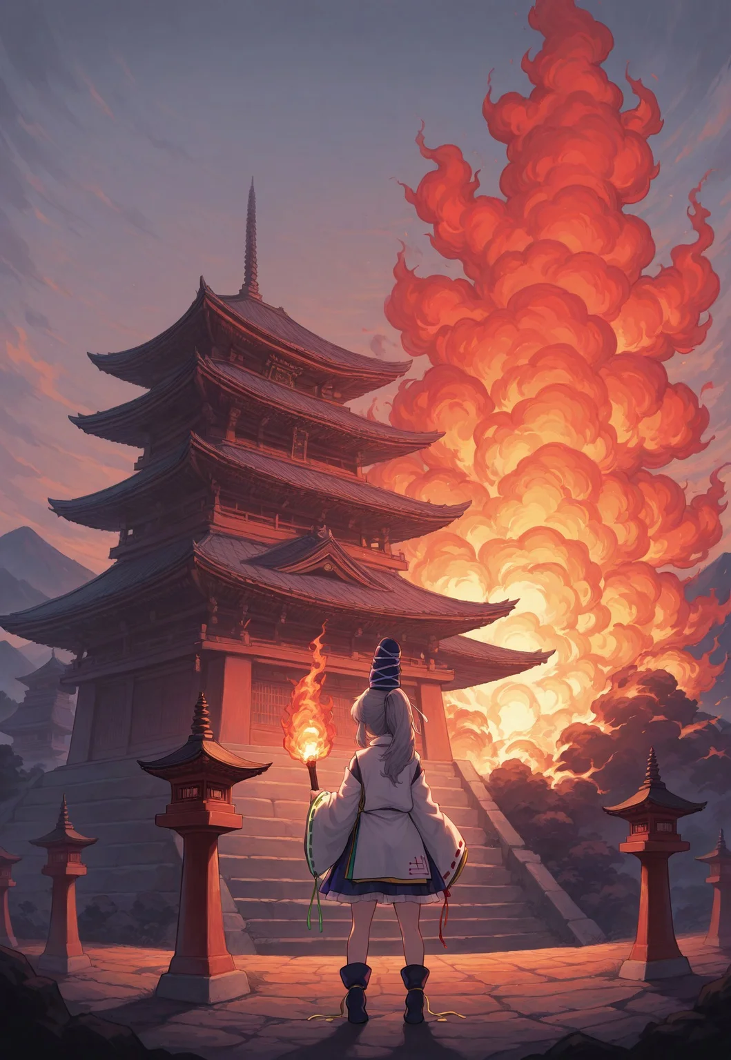 masterpiece, best quality, amazing quality, absurdres, colorful, very aesthetic, 1girl, solo, mononobe no futo, standing, back to viewer, holding torch, burning japanese pagoda, pagoda on fire, pagoda focus