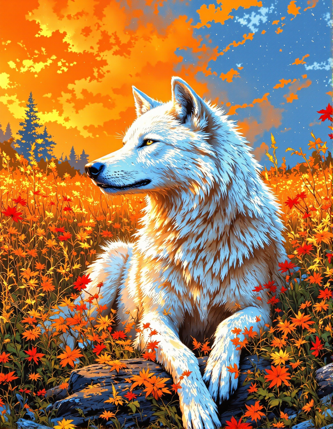 a white wolf sitting in tall grass. The wolf has its head tilted back and its eyes are closed. The background is a mix of orange and blue colors. There are red and orange colors in the grass in the foreground. The image is painted in a loose, textured style with visible brushstrokes, <lora:FantasyWizardWitchesFluxV2-000001:0.8>, <lora:Vibrantly_sharp_style_v.2:0.7>, <lora:FluxProUltraFantasia:0.6>, <lora:RetroAnimeFluxV1:0.3>, <lora:FluxMythR3alisticF:0.5>, <lora:Cozy_Paradise:0.9>