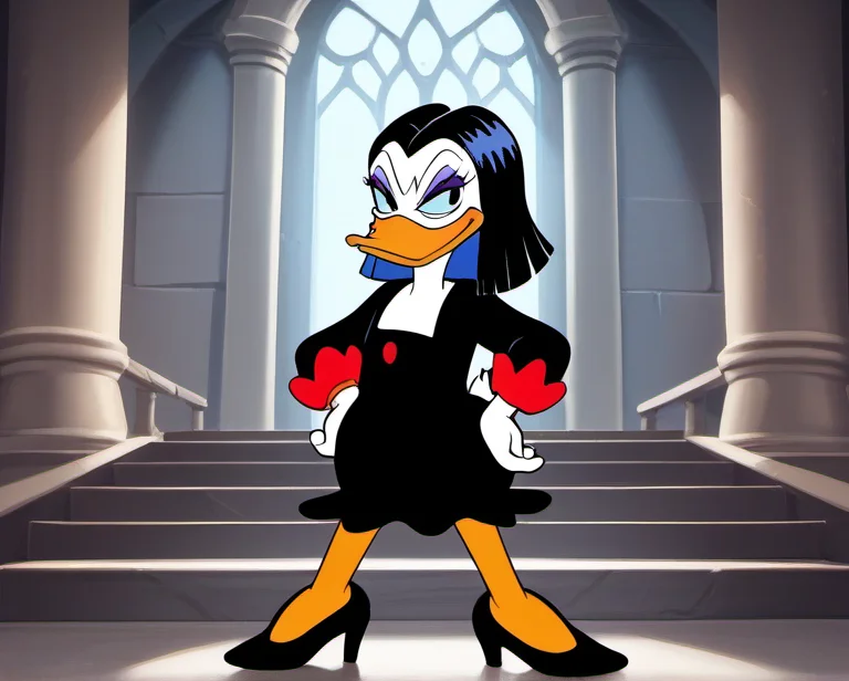 score_9, score_8_up, score_7_up, 1girl, solo, mdsdt1, duck, looking at viewer, beak, furry, black hair, black eyes, dress, bird tail, makeup, short, furry female, eyeshadow, orange legs, hand on hip, smirk, high heels, toon \(style\), castle, <lora:mdsdt1-000009:1>,