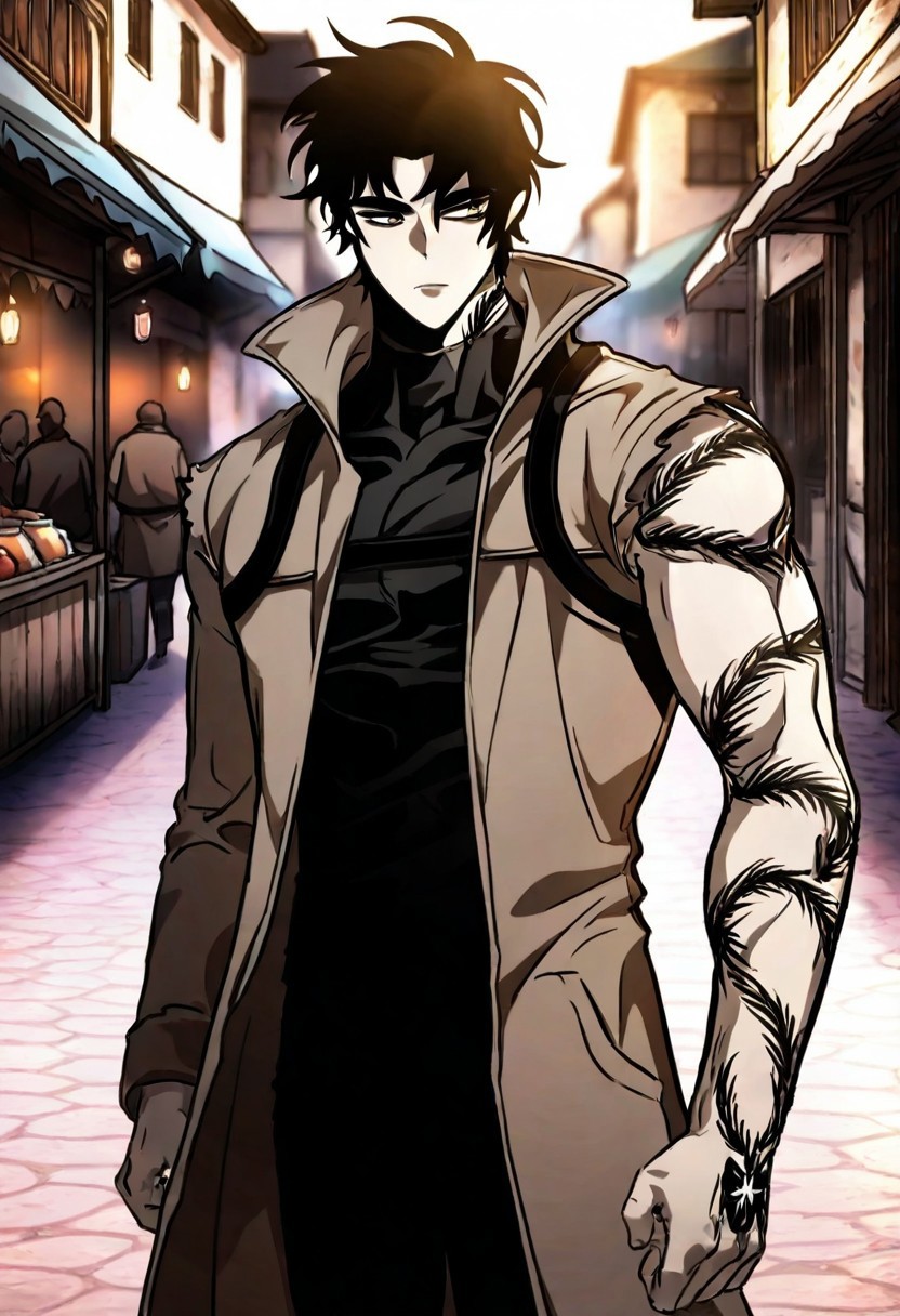 General: Masterpiece, amazing quality, good anatomy, manhwa, good resolution, good quality, good lighting, good shading, score_9, score_8_up, score_7_up, source_anime, mfant, detail image, screen cap, HDR,
Angle: cowboy shot, walking, tilted left
Background: Detailed background, market, fantasy, daylight, stalls, outdoor, street, blurry people, medieval theme,
Character: Jaehwan, muscular, shirt, coat, tattoo, detailed eyes, detailed face, handsome