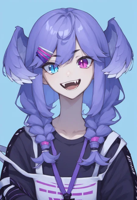 source_anime, rating_safe,  <lora:Selen_Tatsuki_for_PonyXL:1>, selen tatsuki, braid, twin braids, black sweater, smile, portrait, collarbone, fangs, sweater, open mouth, lanyard, hairclip, hair ornament, medium hair, bangs, score_9, score_8_up, score_7_up, score_6_up, score_5_up, score_4_up