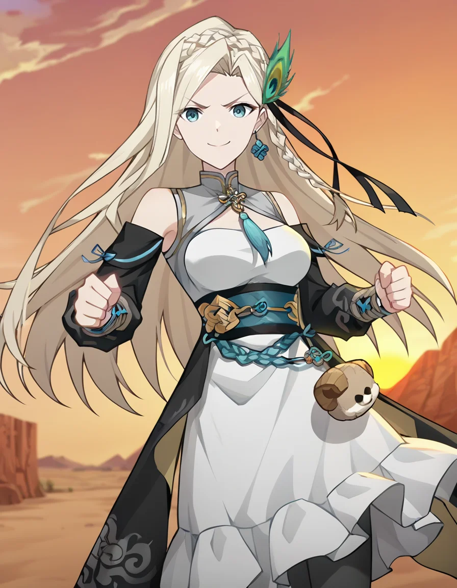 score_9,score_8_up,score_7_up,looking at viewer,smile,punching,fist,closed mouth,<lora:heerwei_pony:0.7>,heerwei,1girl,solo,long hair,earrings,jewelry,braid,blonde hair,hair ornament,blue eyes,bare shoulders,dress,tassel earrings,chinese clothes,desert,sunset,black pantyhose,<lora:Anime_Screencap:1>,anime screencap,cinematic_angle,