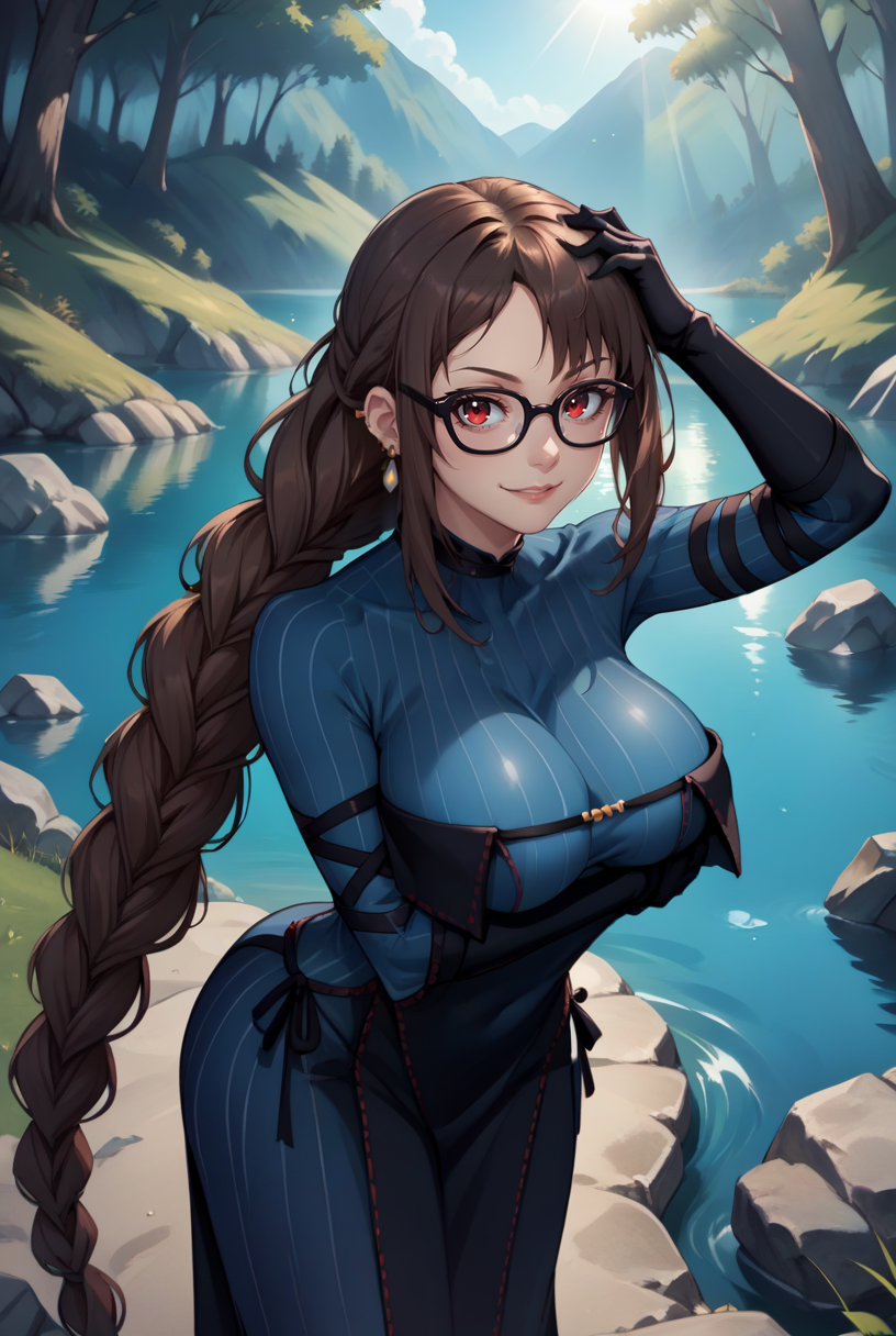 score_9, score_8_up, score_7_up, source_anime BREAK 1girl, solo, looking at viewer, cowboy shot, <lora:Yu_Mei-Ren_Psdxl:1>, Yu_Mei-Ren_FirstAsc, red eyes, glasses, black-framed eyewear, brown hair, braided ponytail, very long hair, black dress, blue bodysuit, vertical-striped bodysuit, ribbon-trimmed dress, sleeveless dress, side-tie dress, layered dress, hip vent, breast strap, side slit, black ribbon, black gloves, elbow gloves, black choker, multiple earrings, outdoors, nature, forest, lake, sunlight, cloudy sky, large breasts, floating hair,  leaning forward, seductive smile, hand to head,