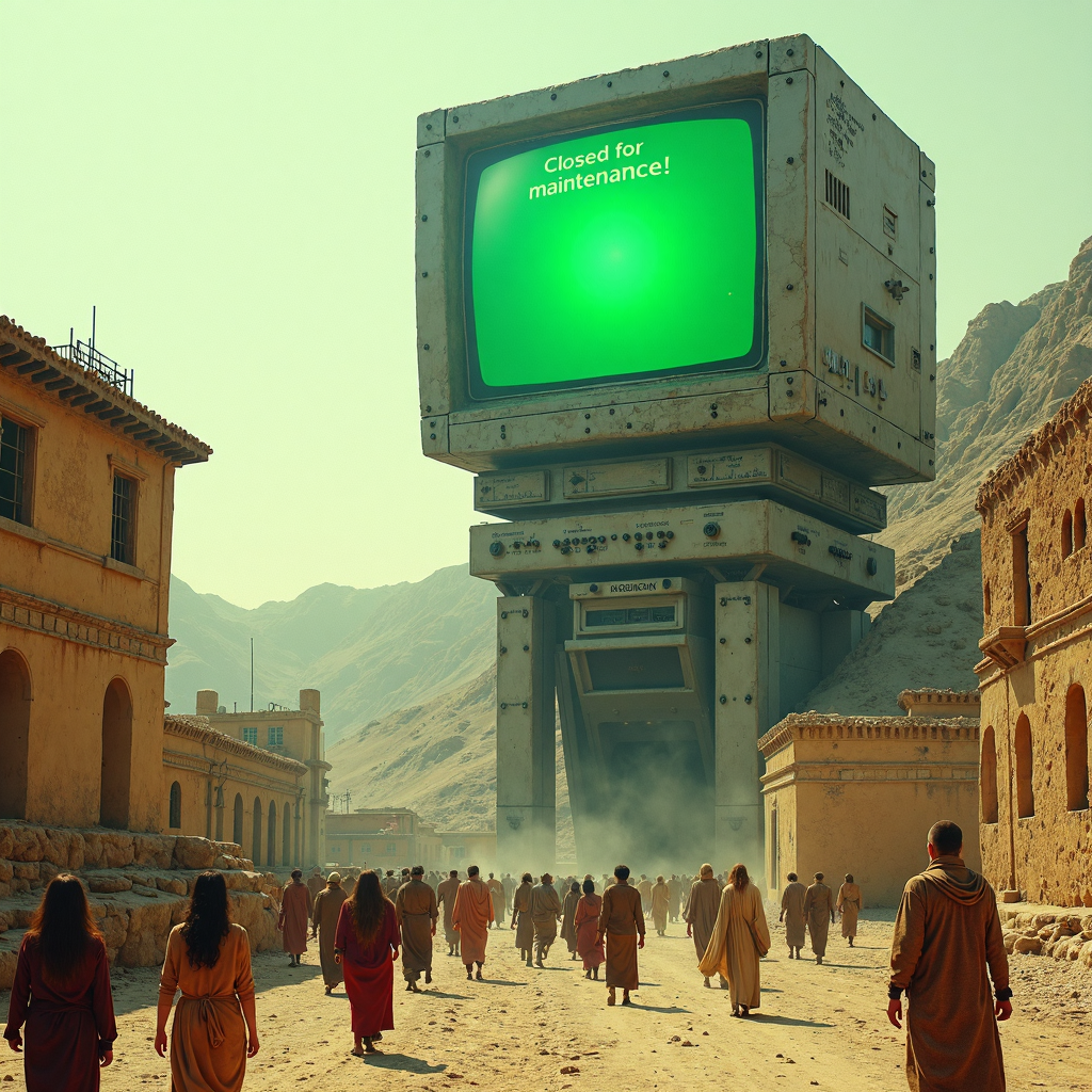 in the middle of ancient greek settle village towering above the streets full of ancient people walking in sands and dirt  a giant metal alien technology computer designed by Peter Gric  and zdislav beksinski, featuring monochrome green screen with (a text "Closed for maintenance!"), old styled grainy film photo 