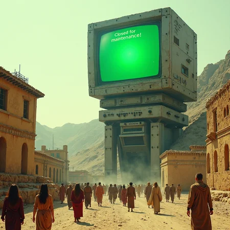 in the middle of ancient greek settle village towering above the streets full of ancient people walking in sands and dirt  a giant metal alien technology computer designed by Peter Gric  and zdislav beksinski, featuring monochrome green screen with (a text "Closed for maintenance!"), old styled grainy film photo 