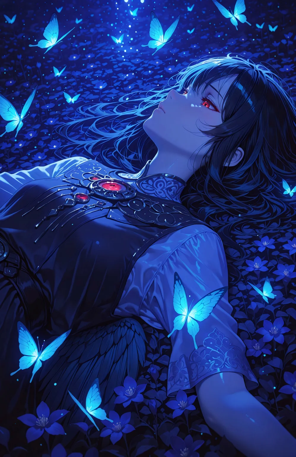 1 girl, solo, lying on flower field, black hair, red eyes, calm expression, gothic dress, glowing red gem necklace, embroidery, glowing blue butterflies, surrounded by butterflies, night, fantasy atmosphere, moonlight, bioluminescent lighting, cinematic lighting, ethereal background, intricate details, soft glow, detailed clothes, reflective blue light on skin, magical particles, fluttering butterflies, dramatic shadows, glowing flora, anime style, high detail, 4k illustration, masterpiece, best quality, lazypos