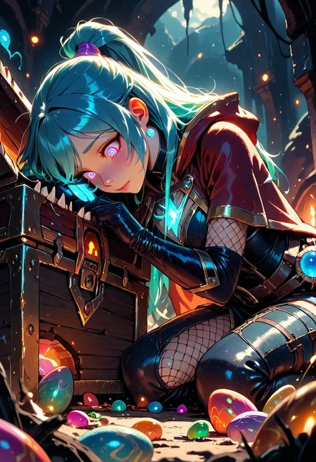 (masterpiece), (best quality), 8k, 1girl, fantasy adventurer girl, mesmerized, oblivious, cute treasure chest, cute Mimic, easter eggs, rainbow spiral eyes, Cute Mimic chest, Kneeling down, opening chest, whimsical dungeon interior, glowing magical torches, scattered loot around, soft warm lighting, stylized fantasy armor, fishnets, leather satchel, short cloak, colorful atmosphere, ponytail hair, playful fantasy mood, cinematic lighting, semi-realistic style, detailed environment, magical sparkles in the air,
Looking down, Looking at chest, Hands on mimic chest,
Close up, from the side,