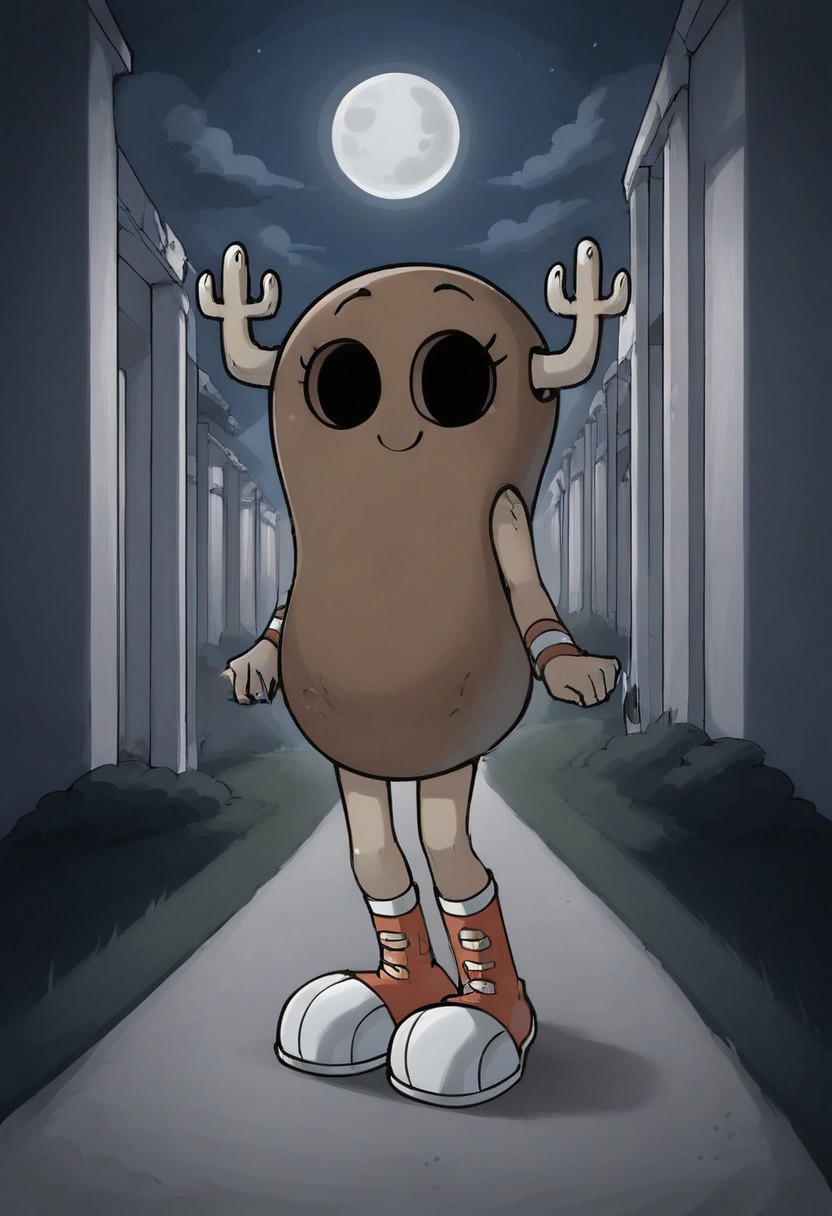 BREAK score_9, score_8_up, score_7_up, source_anime, 1girl, solo, pennyshell, empty eye sockets, two horns, shoes, night, moon, hallway, smile,