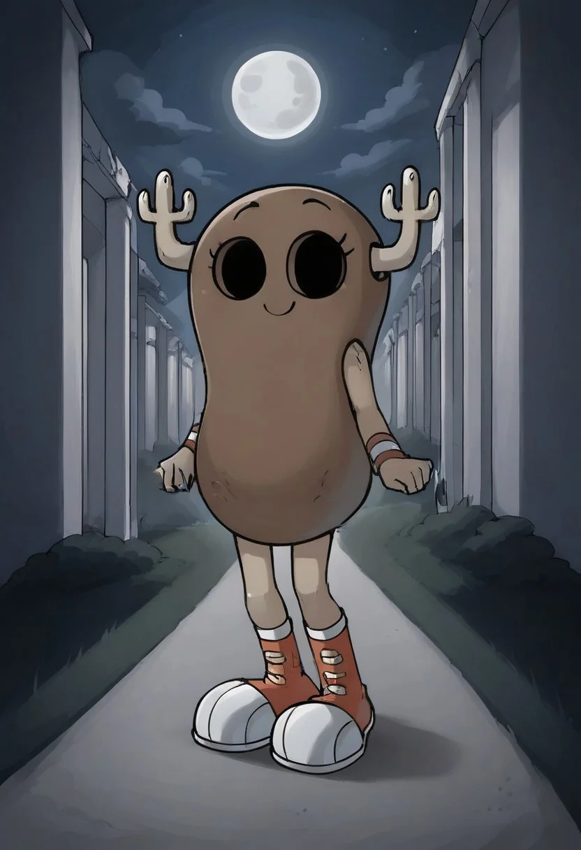 BREAK score_9, score_8_up, score_7_up, source_anime, 1girl, solo, pennyshell, empty eye sockets, two horns, shoes, night, moon, hallway, smile,