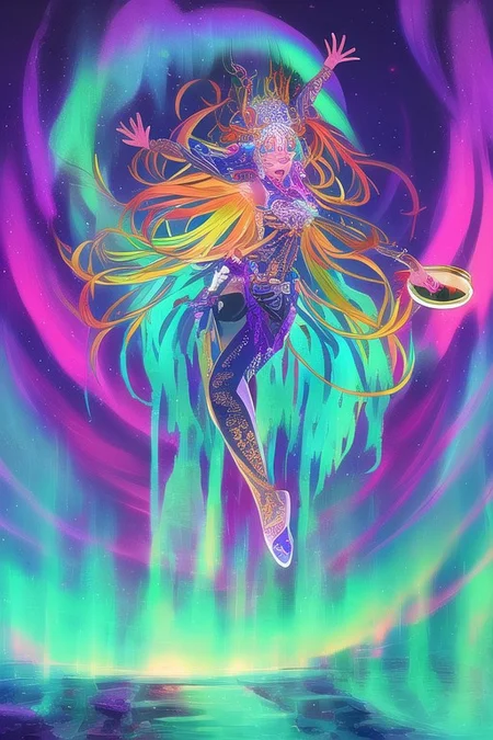 Ice-skinned girl dances in the snow, beats a tambourine. Arctic, The night sky with the aurora borealis (An image with very contrasting and vivid psychedelic colors) (OverallDetail, DaSa, psychedelic)