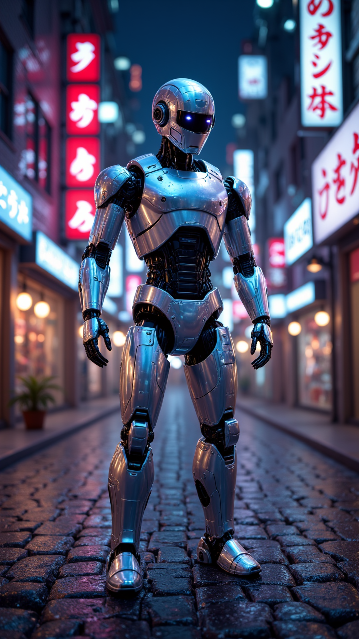 Digital art, pebble art of a In the heart of a bustling city, a sleek silver robot stands tall, its metallic body illuminated by the soft glow of digital lights. 800mm lens, aidmaHiDreamStyle