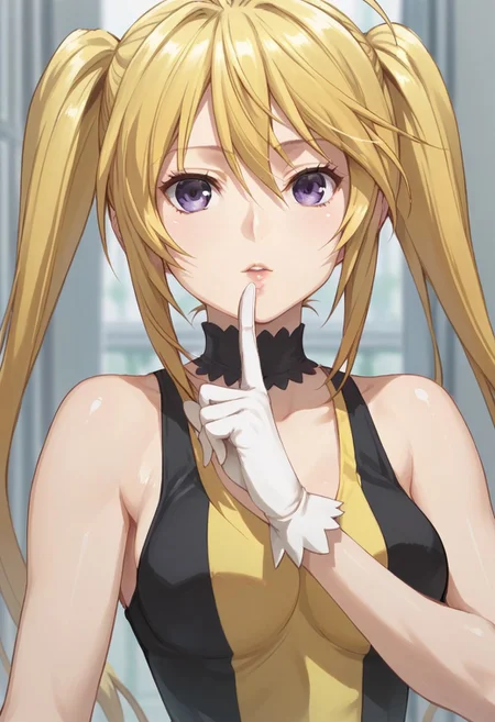 score_9,score_8_up,score_7_up, shiny skin,
mitsuha_(sekirei), 1girl, solo, gloves, blonde hair, choker, twintails, purple eyes, white gloves, finger to mouth, sleeveless, dress,