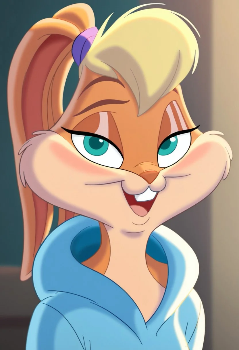 score_7_up, score_8_up, score_9, masterpiece, high quality,
LolaBunnySJ2, furry, cartoon, anthro rabbit, looney tunes style, female, solo, 1girl,
blond hair, beige body, green eyes, purple hairband,
light blue hoodie,
smiling, looking at viewer, bedroom eyes, mouth open, teeth,
headshot, head view,