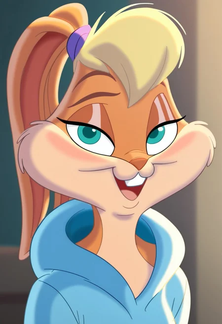 score_7_up, score_8_up, score_9, masterpiece,  high quality,
LolaBunnySJ2, furry, cartoon, anthro rabbit, looney tunes style, female, solo, 1girl, 
blond hair, beige body, green eyes, purple hairband,
light blue hoodie,
smiling, looking at viewer, bedroom eyes, mouth open, teeth,
headshot, head view,