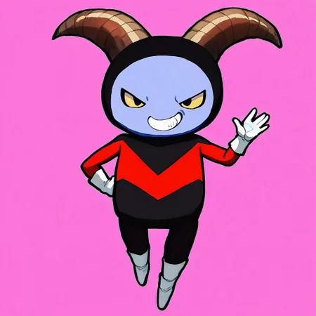 score_9, score_8_up, score_7_up, score_6_up, score_5_up, score_4_up, best quality, masterpiece, z0iray, superhero costume, horns, blue skin, grin, waving, BlackWhiplash Style, by hanuvo