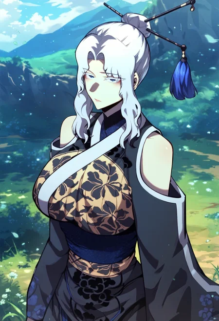 score_9, score_8_up, score_7_up, score_6_up, source_anime, rating_explicit, 1girl, solo, huge breasts,<lora:Talaris Endorma prefectPonyxl:0.9> single hair bun, hair ornament, hair stick, white hair, sidelocks, blue eyes, colored eyelashes, parted bangs, japanese clothes, floral print, black dress, bare shoulders, shoulder cutout, sash, long sleeves, wide sleeves, expressionless, grasslands, outdoors, looking at viewer