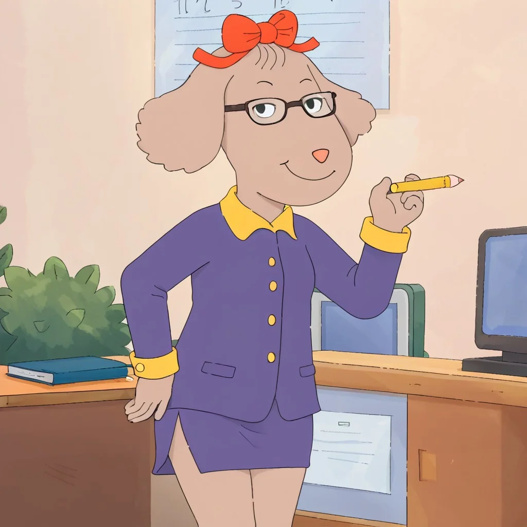 source_cartoon, Fern Walters, solo, 1girl, anthropomorphic dog, animal ears, tannish grey fur. red bow on her head, Office, office suit, skirt, pencil skirt, glasses, upskirt, smirk, looking at viewer, office background, windowz