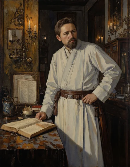 Rembrandt style, <lora:Dark_Ghibli:0.6>, Anton Chekhov reimagined as a Jedi Healer in the style of Kyle Katarn, calm and observant, wearing a light gray Jedi tunic, standing beside a medical table with bacta tank and ancient manuscripts, background showing a mix of provincial Russian town and Naboo architecture, Rembrandt-inspired chiaroscuro lighting, warm candle-like glow with deep shadows, oil painting texture, subtle symbolism, philosophical depth, cinematic framing, high detail, masterpiece-level realism --ar 3:4 --style raw --stylize 650, . Baroque, chiaroscuro, realistic, emotional, "flat, <lora:Ð§ÐÐ¥ÐÐ:1>, lighting