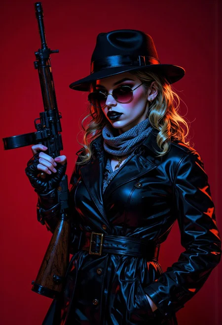 petite, human, leather trenchcoat, black fedora hat, long wavy blonde hair, round black mirrored sunglasses, silver knit scarf around neck, holding up a Thompson Submachine Gun, evil, seductive, powerful, night time, darkness, dim light, choker, dark make up, beautiful face, simple background, red background, noir style high contrast two color lighting, neon red directional light, blue contrast light, t0mmygun, holding the gun