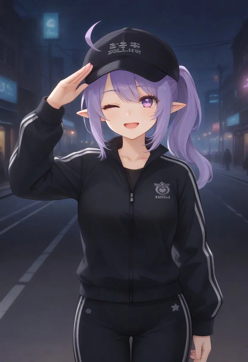 SleepyProject, track pants, track jacket, track suit, purple eyes, purple hair, ponytail, pointy ears, baseball cap, black jacket, black pants, ahoge, long sleeves,
looking at viewer, hand up, salute, open mouth, smile, one eye closed,
street, lamppost, city, neon lights, dark, night, night sky,
1girl, solo, solo focus, highres, absurdres, light particles, backlighting, shade, lens flare, shiny skin, fine fabric emphasis,