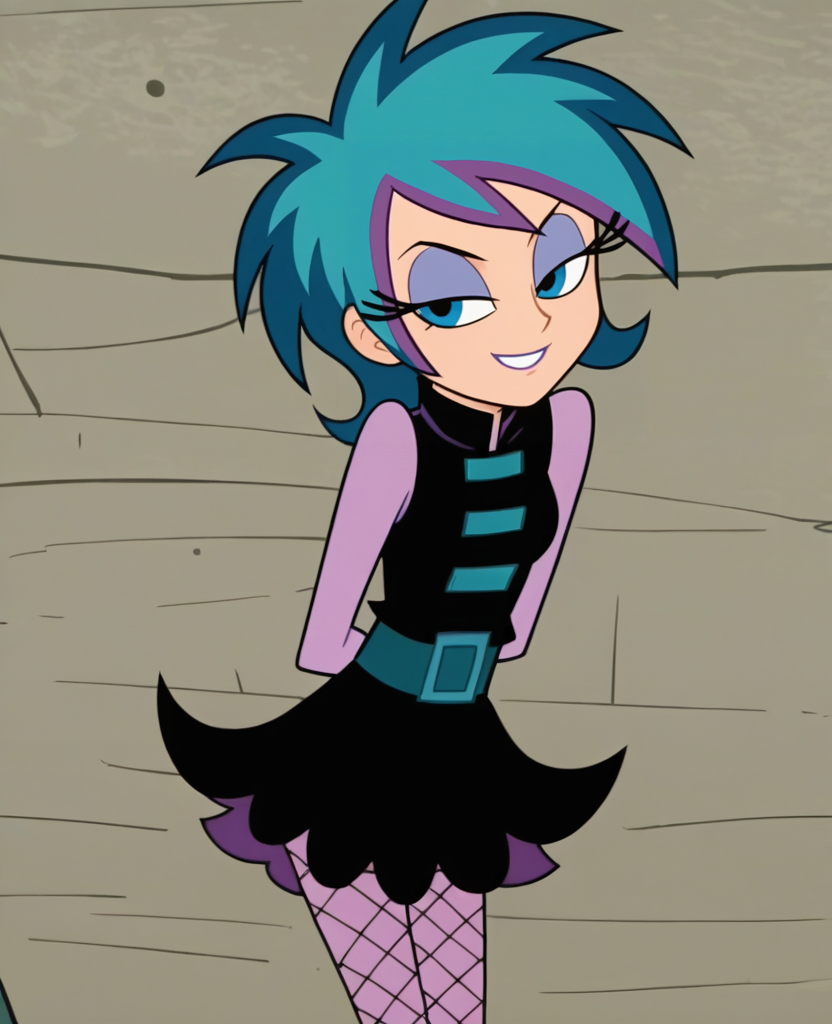score_4_up, anime screencap, anime coloring, source_cartoon, flat color, <lora:Lacey_Shadows-000008:0.8> , ls1, short hair, blue eyes, multicolored hair, blue hair, purple hair, eyeshadow, fishnet pantyhose, dress, skirt, eyelashes, looking at viewer, light smile, arms behind back, leaning forward,