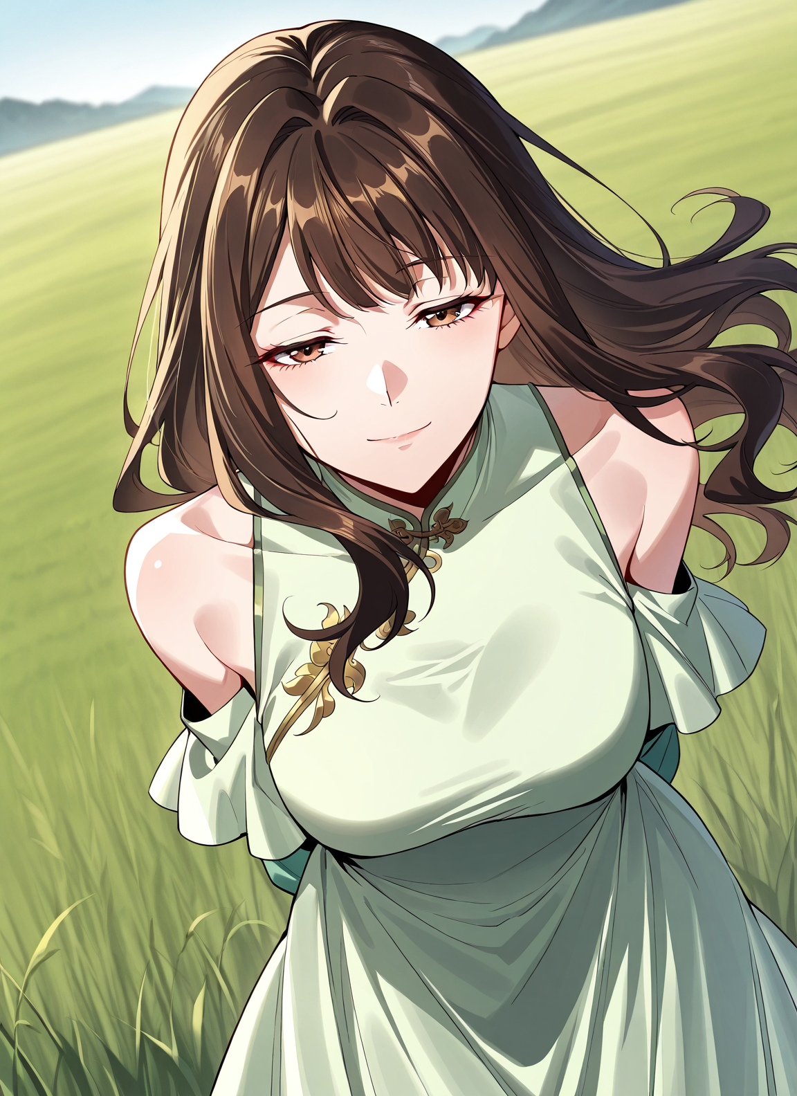 <lora:Lu_Luo:1>
1 girl, solo, long hair, brown hair, brown eyes, bangs
chinese clothes, green dress, bare shoulders, shoulder cutout, clothing cutout
score_9, score_8_up, score_7_up, very aesthetic, source_anime, detailed, high quality, beautiful, masterpiece, detailed eyes, field, blurry background, pose dynamic angle, upper body, cowboy shot, light smile, floating hair, half-closed eyes, hands behind back, leaning forward, looking forward, looking at viewer