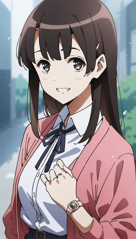 score_9,score_8_up,score_7_up,
<lora:megumikato:0.9>,
megumikato,
1girl,solo,black hair,bangs,long hair,hairclip,
brown eyes,pupils,looking at viewer,grin,
pink cardigan,white shirt,dark blue ribbon tie,wristwatch,finger ring,
portrait,
blurry background,vignetting,bloom,light particles,